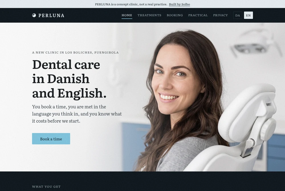 Screenshot of the Perluna homepage. At the top it says the clinic is a concept.